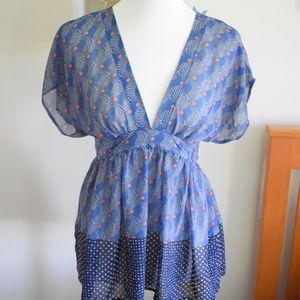 Blue Printed Chiffon Tie Waist Blouse